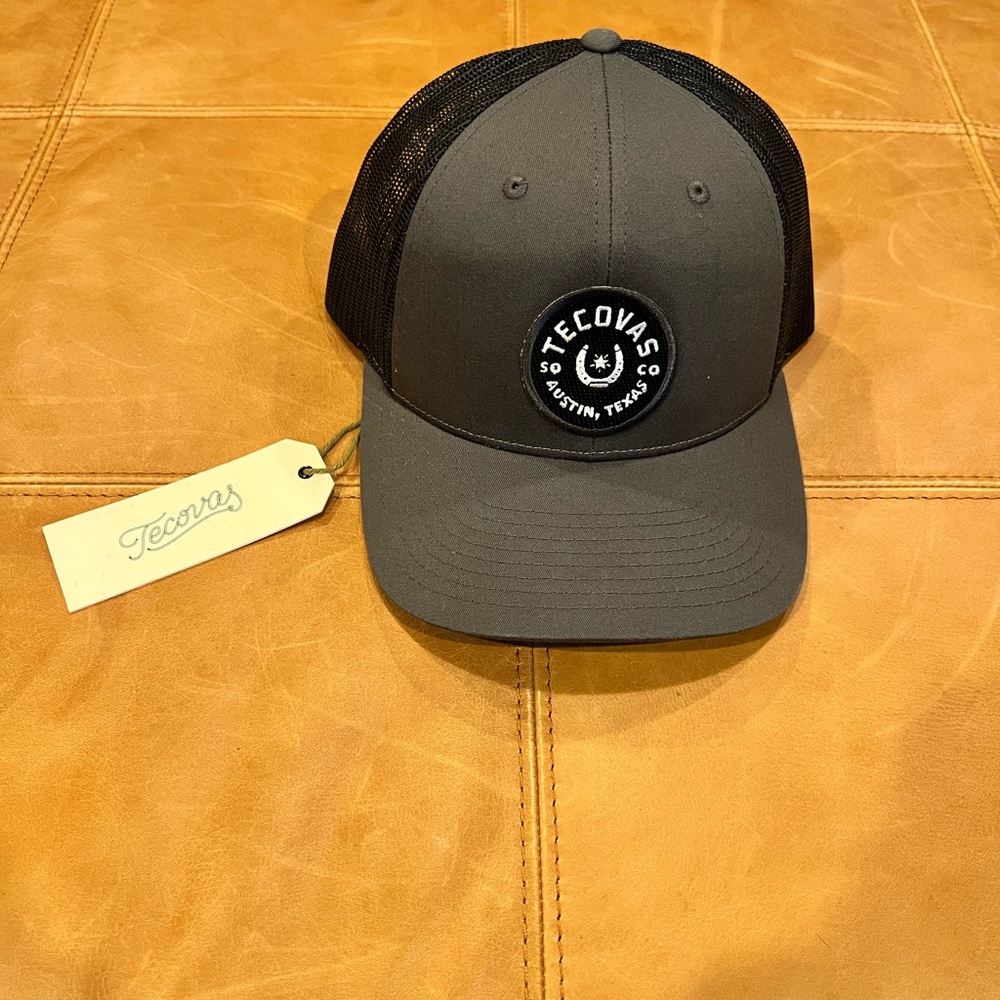 Tecovas Olive Green and Black Mesh Logo Trucker Hat